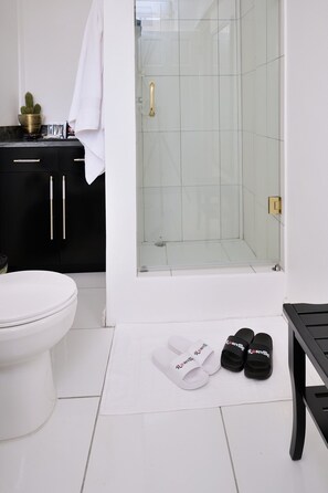 Douche, sèche-cheveux, serviettes fournies, savon