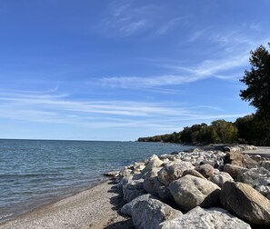Una costa rocosa con aguas tranquilas, cielo despejado y árboles al fondo.