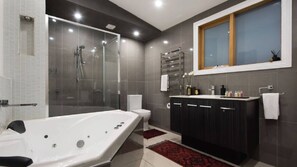 Shower, hair dryer, towels, shampoo