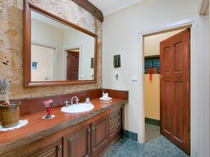 Jetted bath, hair dryer, towels, soap