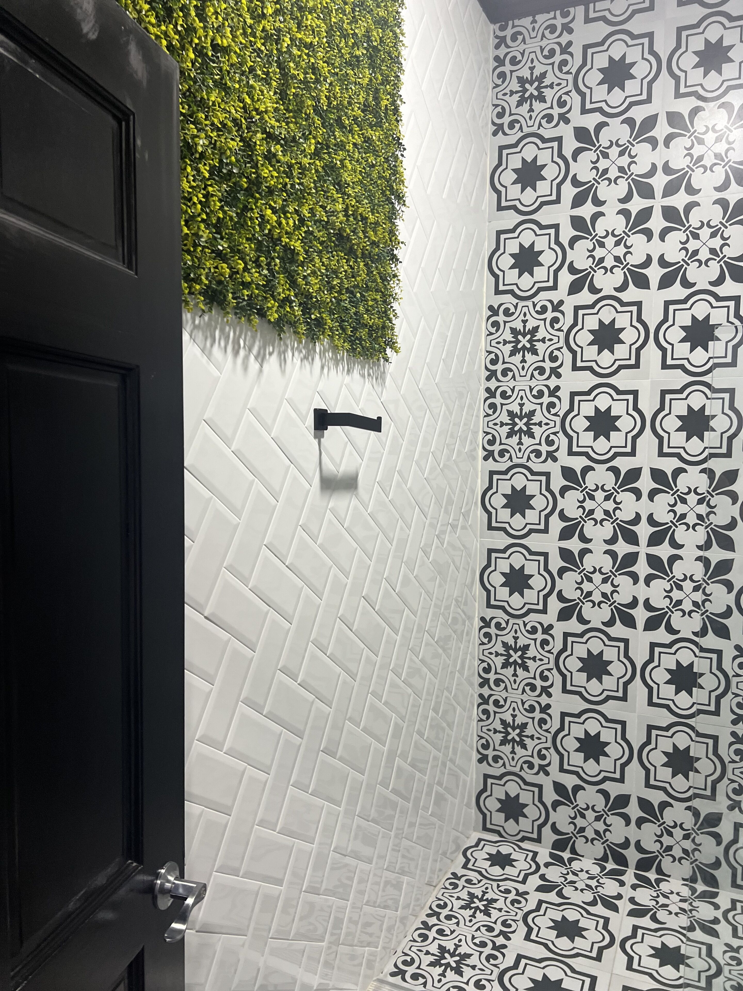 A bathroom with a black door, a white tiled wall, and a green wall with a hanging plant.