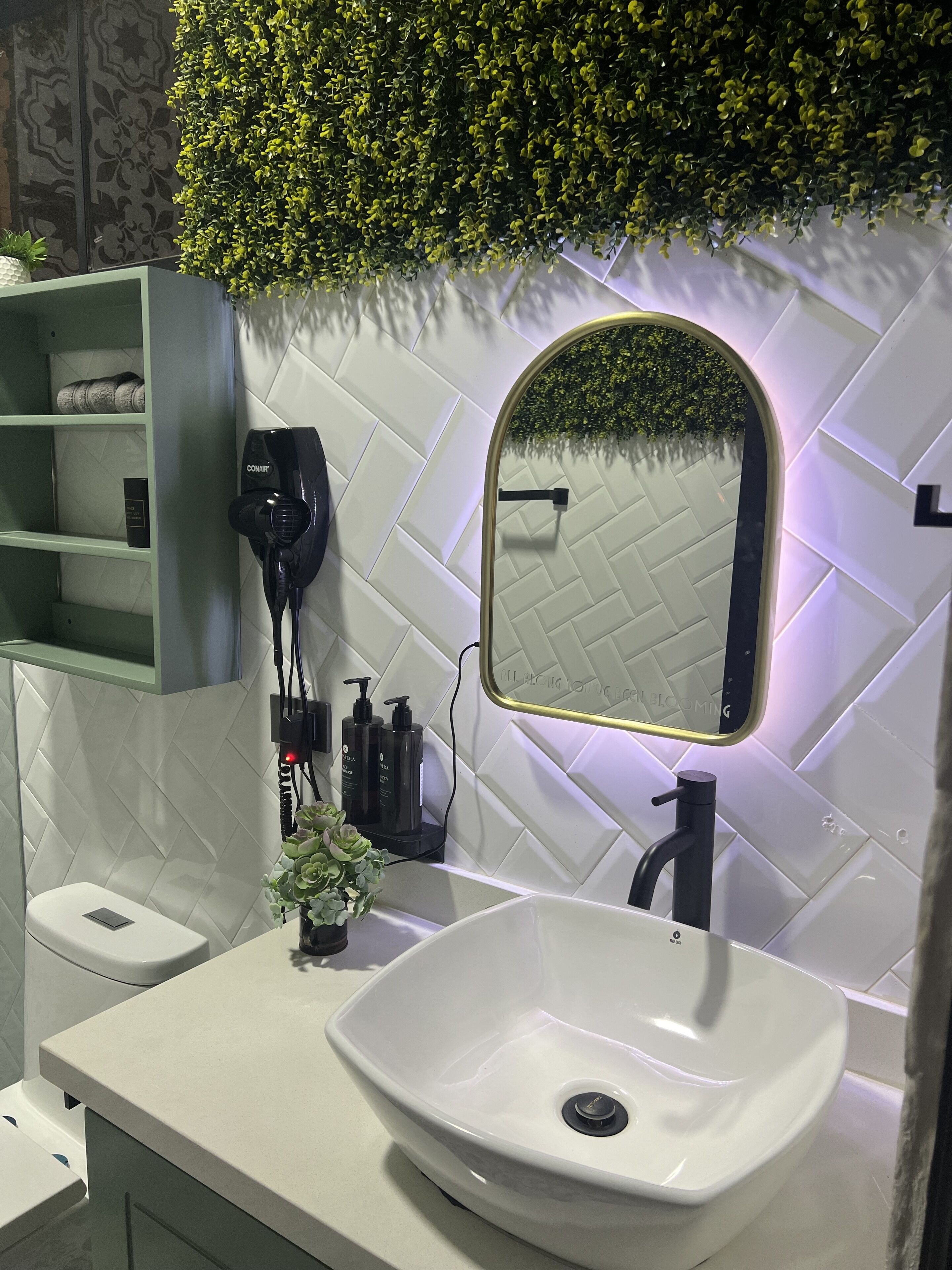 Une salle de bain avec un lavabo blanc, un miroir avec un cadre doré et un mur vert orné d’une plante suspendue.