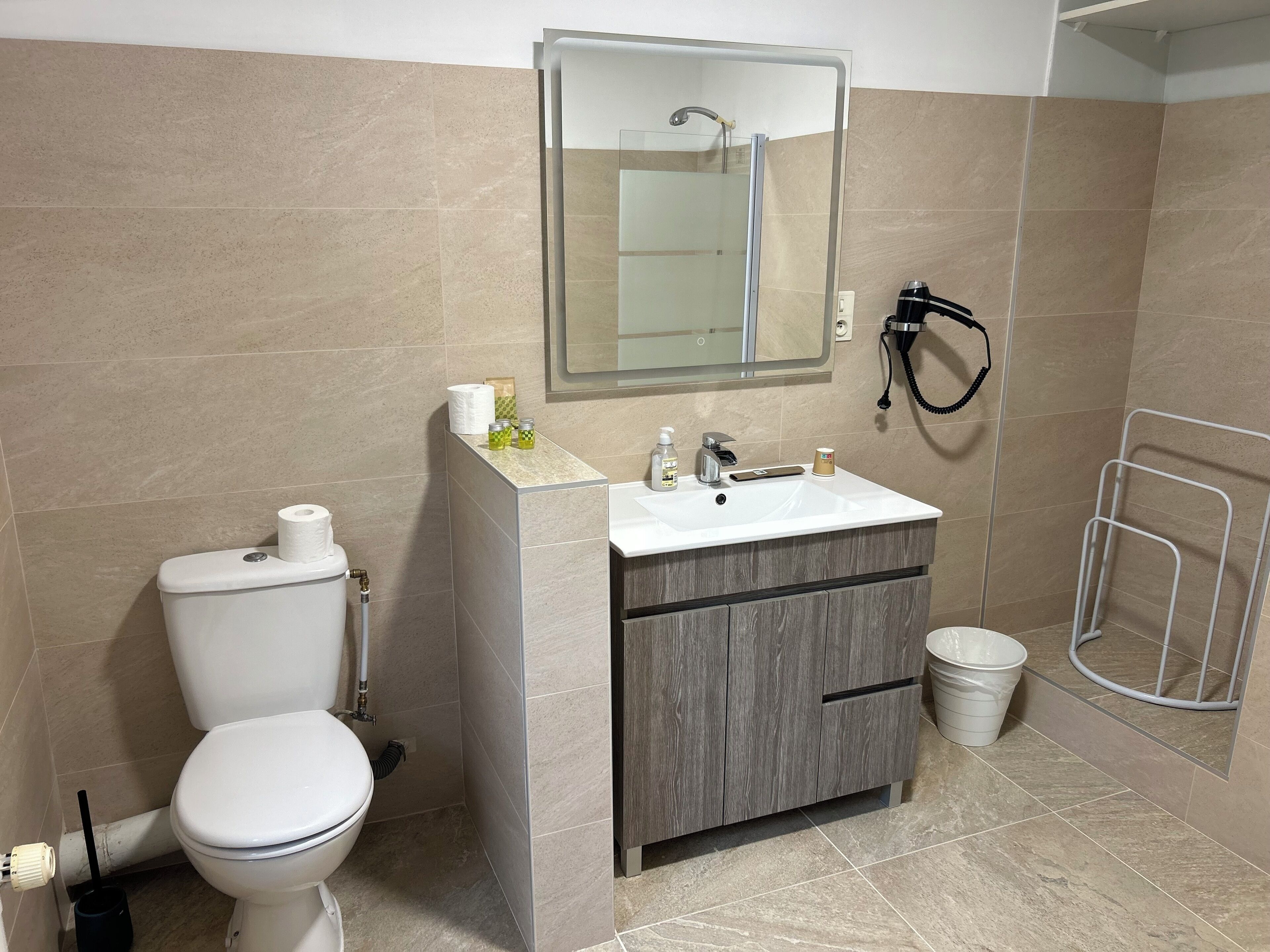A modern bathroom with a toilet, sink, mirror, and shower area.