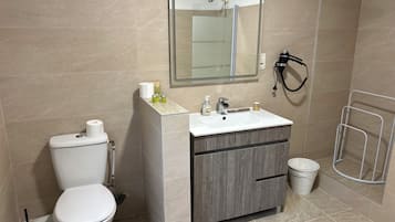 A modern bathroom with a toilet, sink, mirror, and shower area.
