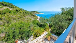A coastal landscape with a stone pathway leading to a cliff overlooking the sea. - Beach House Sophia in Paxi (Paxos)