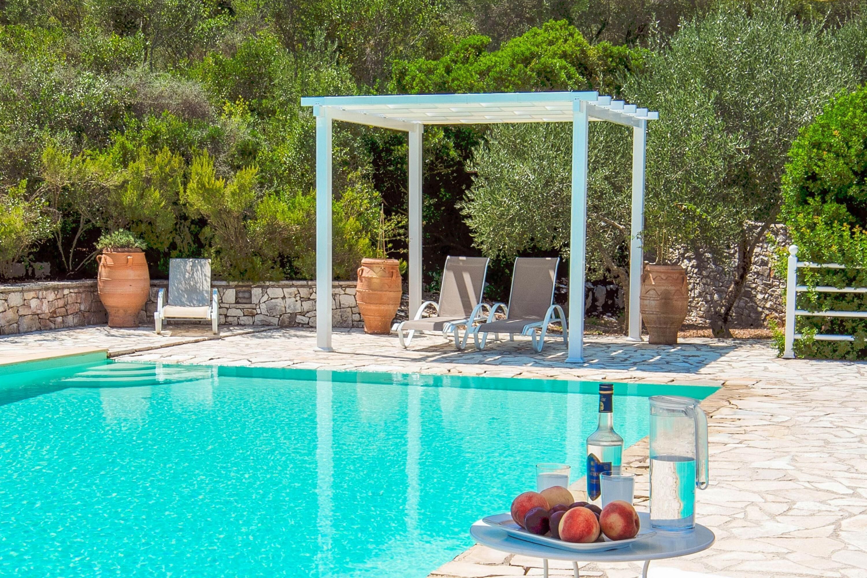 A pool area with a pergola, lounge chairs, and a table with fruits and drinks.