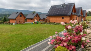 Una hilera de cabañas de madera con techos inclinados y paneles solares, ubicadas en un área cubierta de césped con el paisaje de una montaña al fondo.