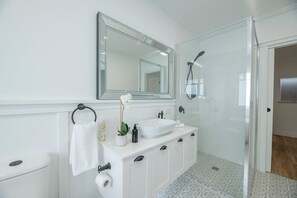 Shower, hair dryer, towels, shampoo