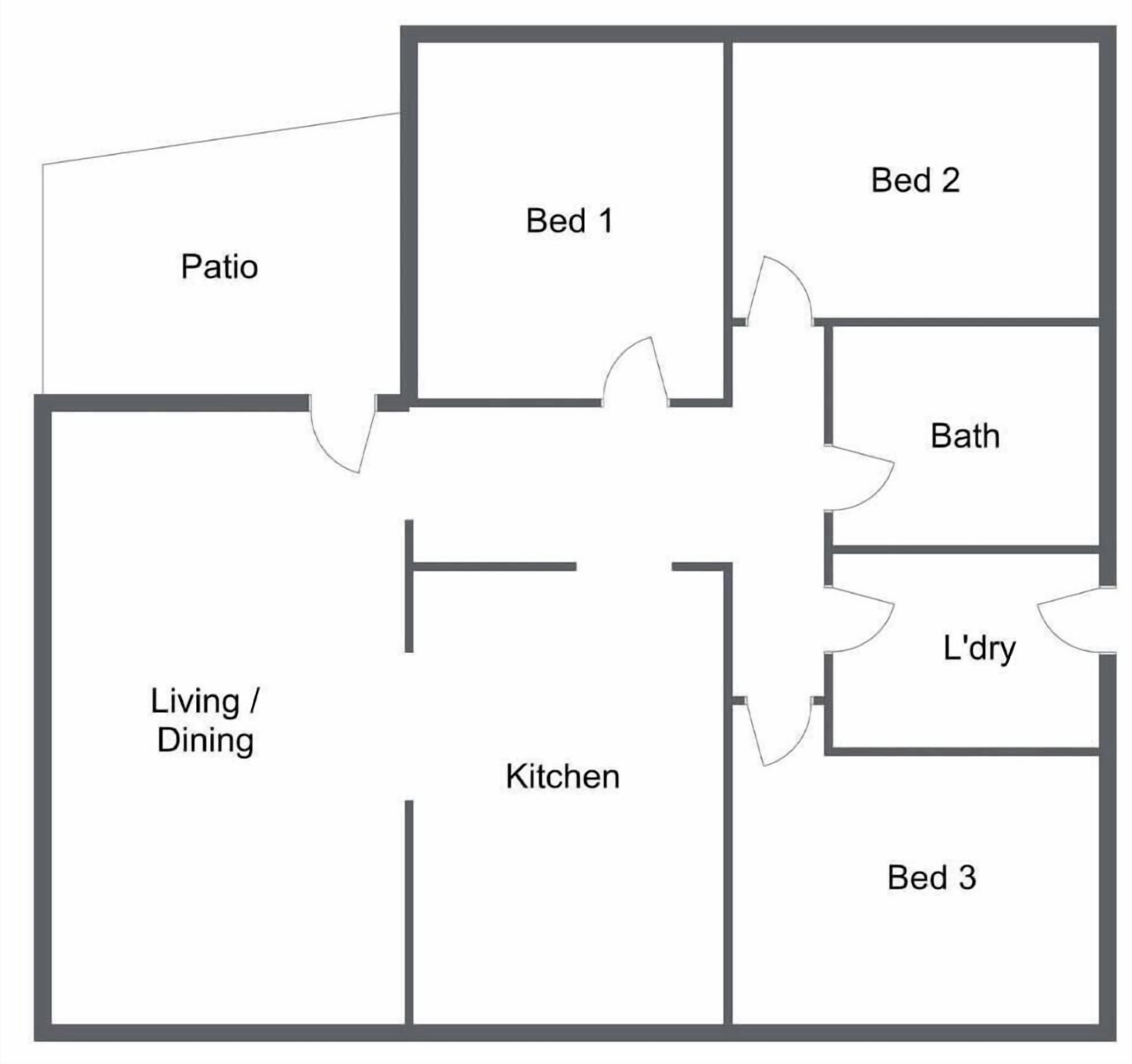 Plano de planta con tres recámaras, cocina, sala-comedor, baño, patio y cuarto de lavado.