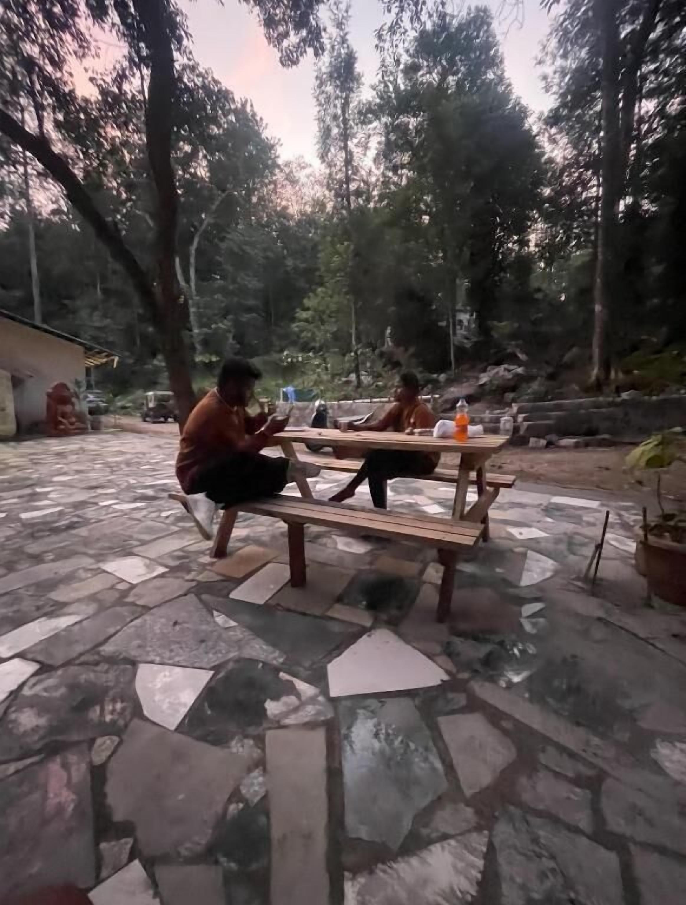 A stone-tiled patio with wooden benches, surrounded by trees.