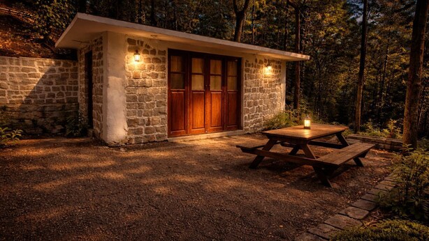 Un bâtiment rustique en pierre, doté d’une porte en bois et de deux lanternes fixées au mur, ainsi que d’une table de pique-nique et d’un chemin de gravier.