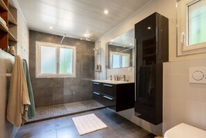 Shower, hair dryer, towels