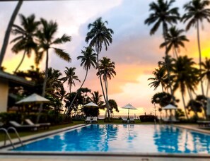 A swimming pool with lounge chairs and umbrellas, surrounded by palm trees, during sunset. - Crystal Villa (Galle)