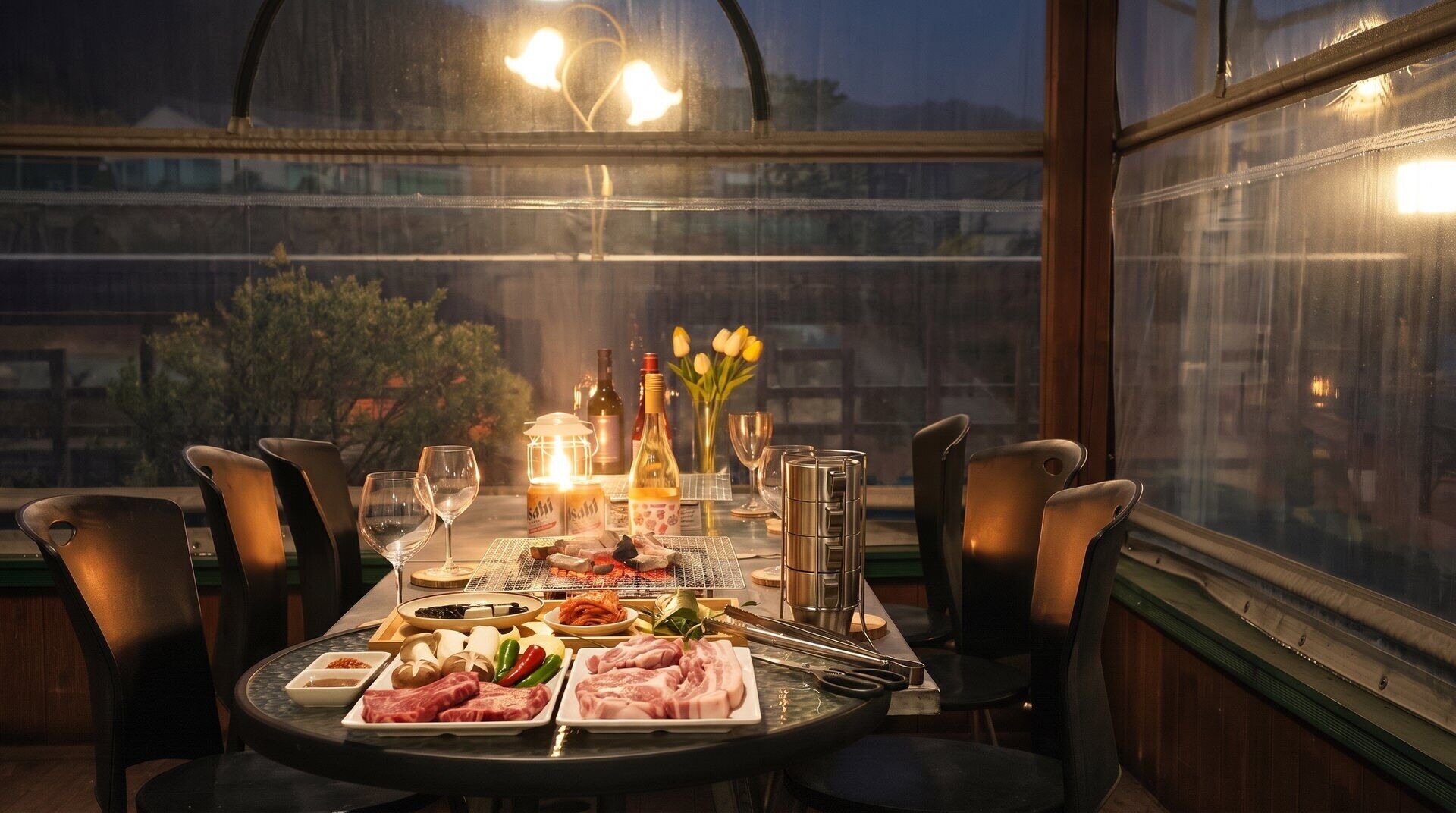 A dining table set for two with a variety of dishes, including meat and vegetables, and a bottle of wine.