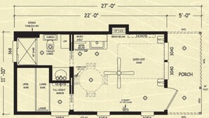 A floor plan of a hotel room with a queen-size bed, a full-height mirror, a TV, and a bathroom with a tub and shower.