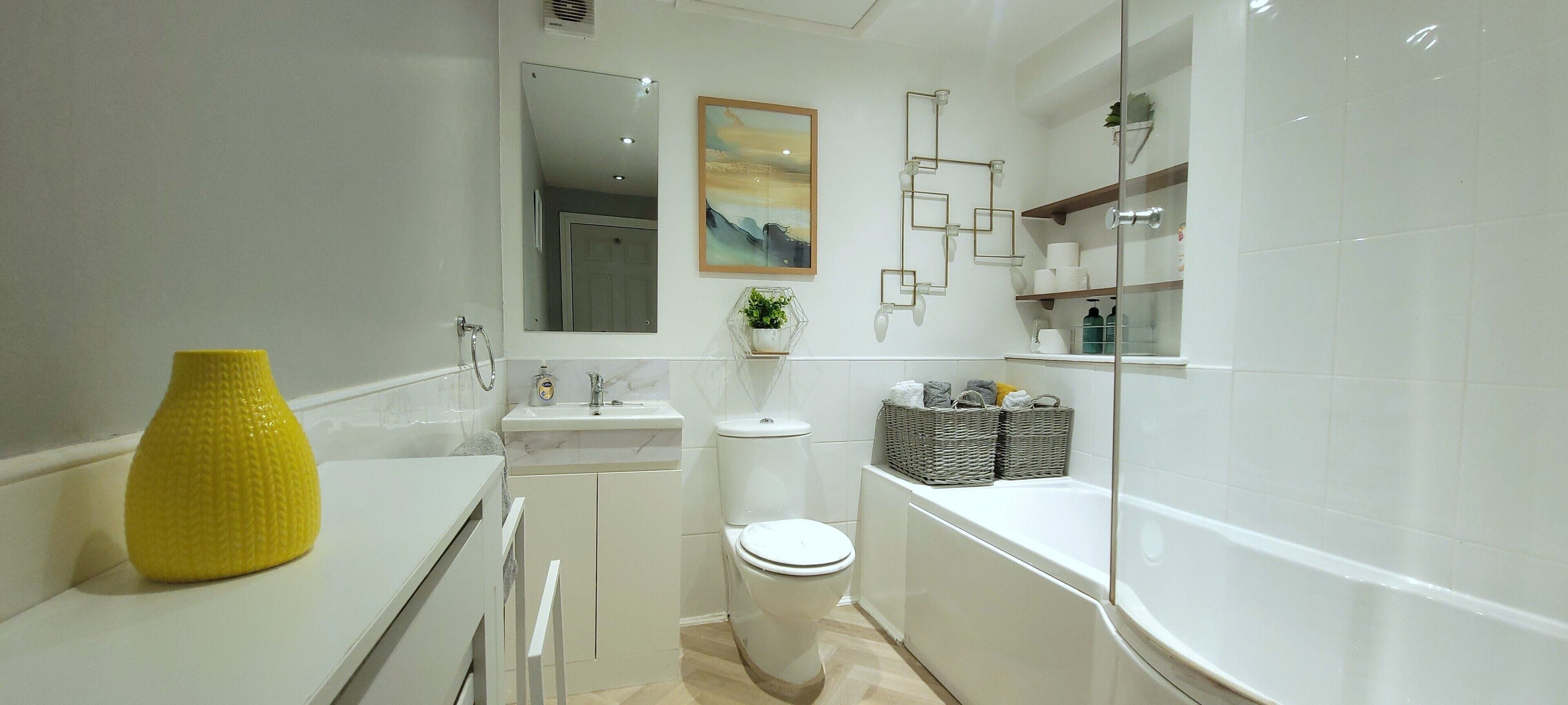 Hair dryer, towels, soap, shampoo