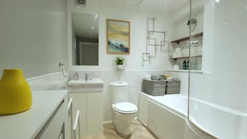 Hair dryer, towels, soap, shampoo