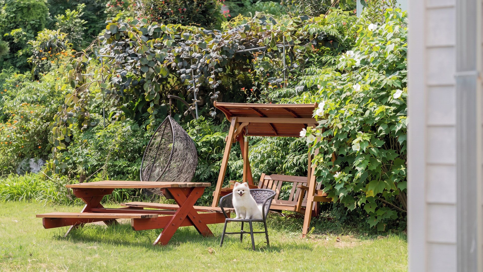 Een houten picknicktafel en bankstel in een tuin met een pergola.