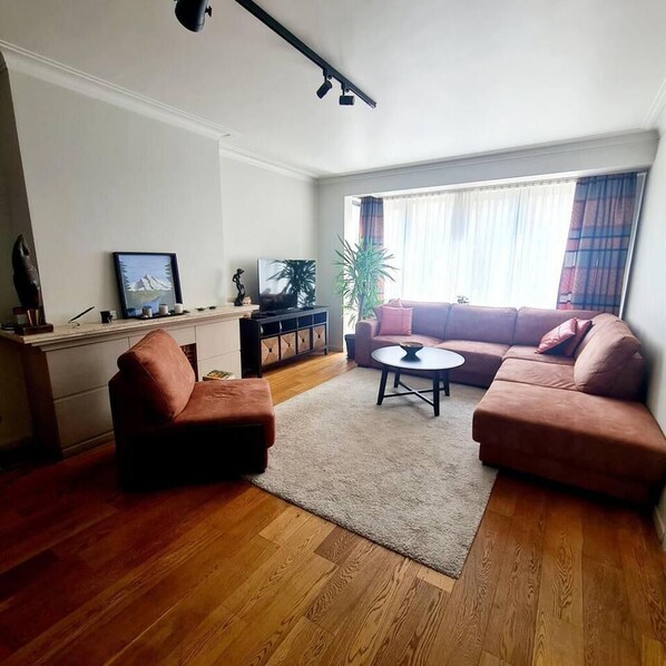 A living room with a sofa, a coffee table, a TV on a cabinet, and a plant. - Spacious 2 Bedroom App in the Center With Terrace (Ghent)