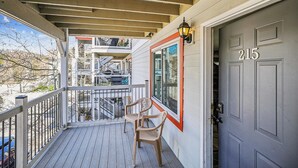 A wooden deck with a gray door marked with the number 215. - Dog-Friendly for Summer|Updated|On S. Main Street (Breckenridge)