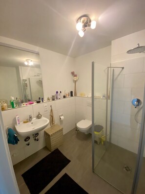 Ducha, secador de pelo, toallas, jabón