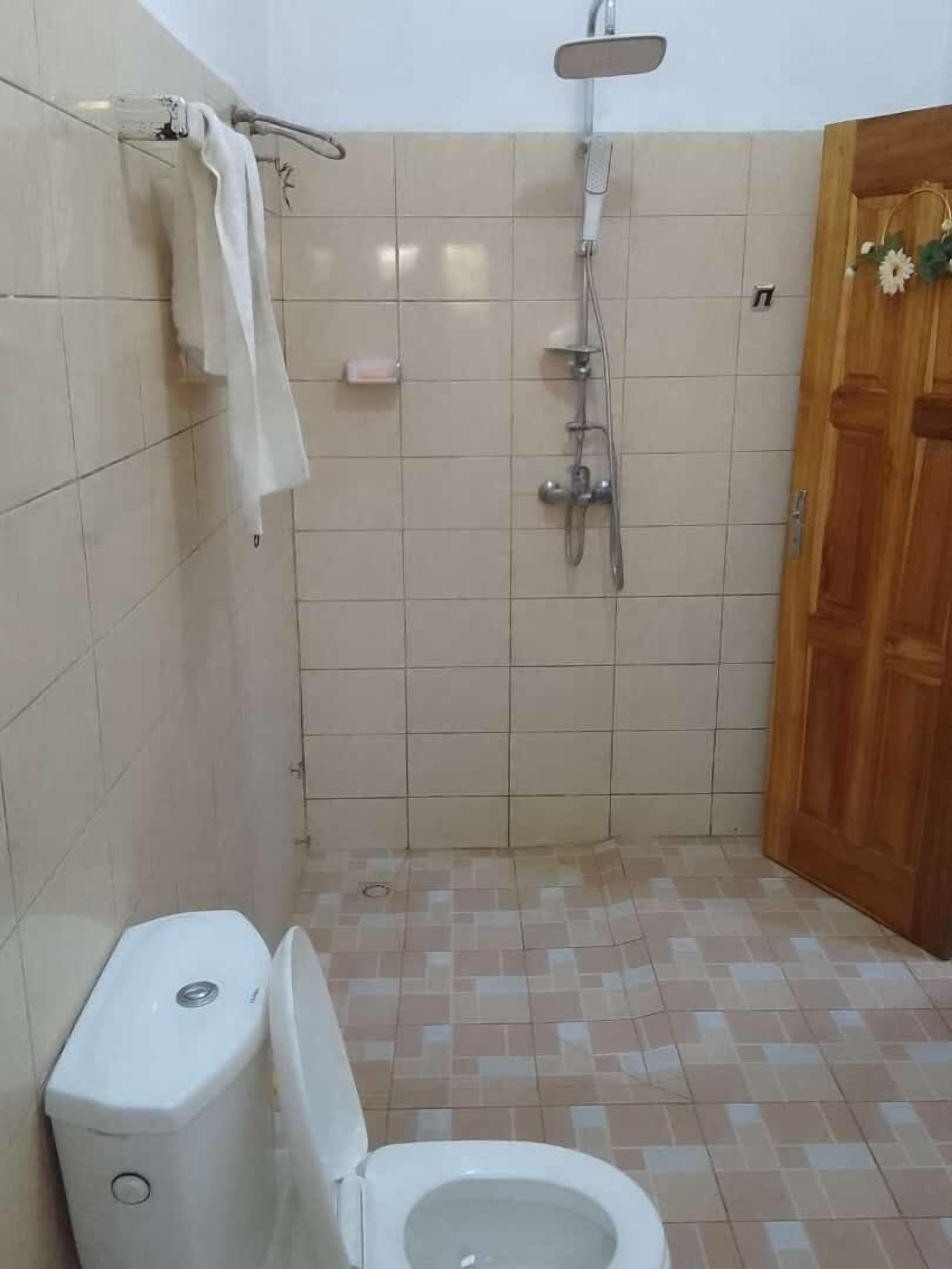 A small bathroom with a toilet, a shower, and a wooden door.
