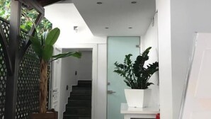 Ein modernes Interieur mit einer Treppe zu einer Tür, einem Blumentopf und einem weißen Empfangsschalter.