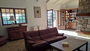 A spacious living room with a leather sofa, a wooden coffee table, and a stone fireplace. - Villa in Provence's sky - 300m from center - Private pool and panoramic view (Tourtour)