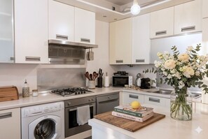 Apartament tradicional | Cuina privada | Frigorífic gran, microones, forn i placa de cuina 