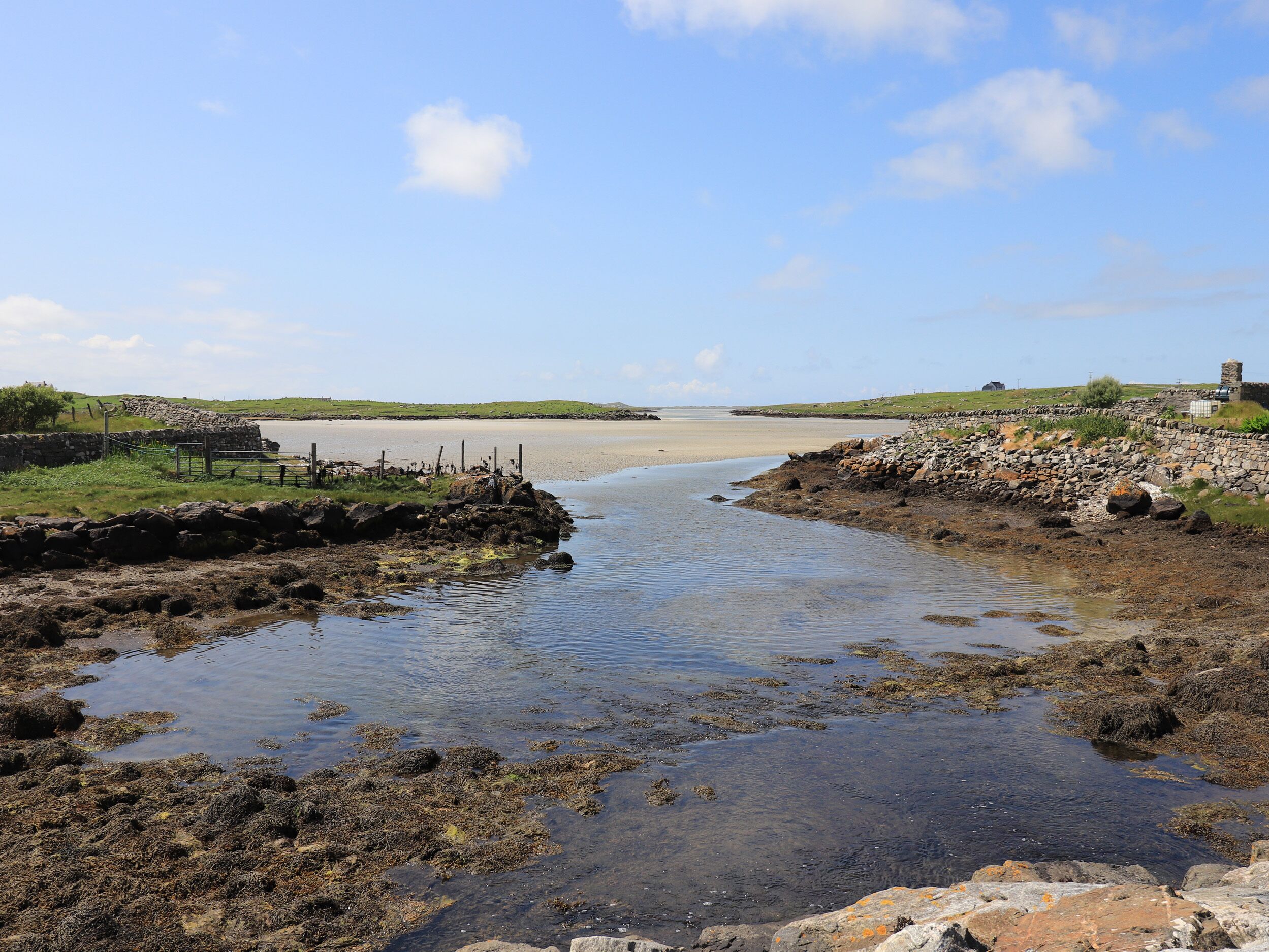 A coastal landscape with a sandy beach, rocky shore, and a small body of water.