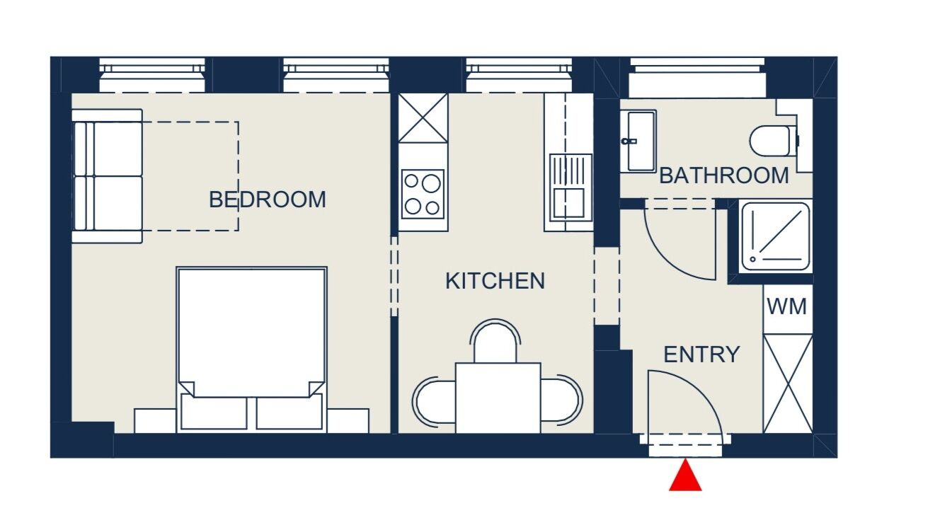Een plattegrond met een slaapkamer, keuken, badkamer en entree.