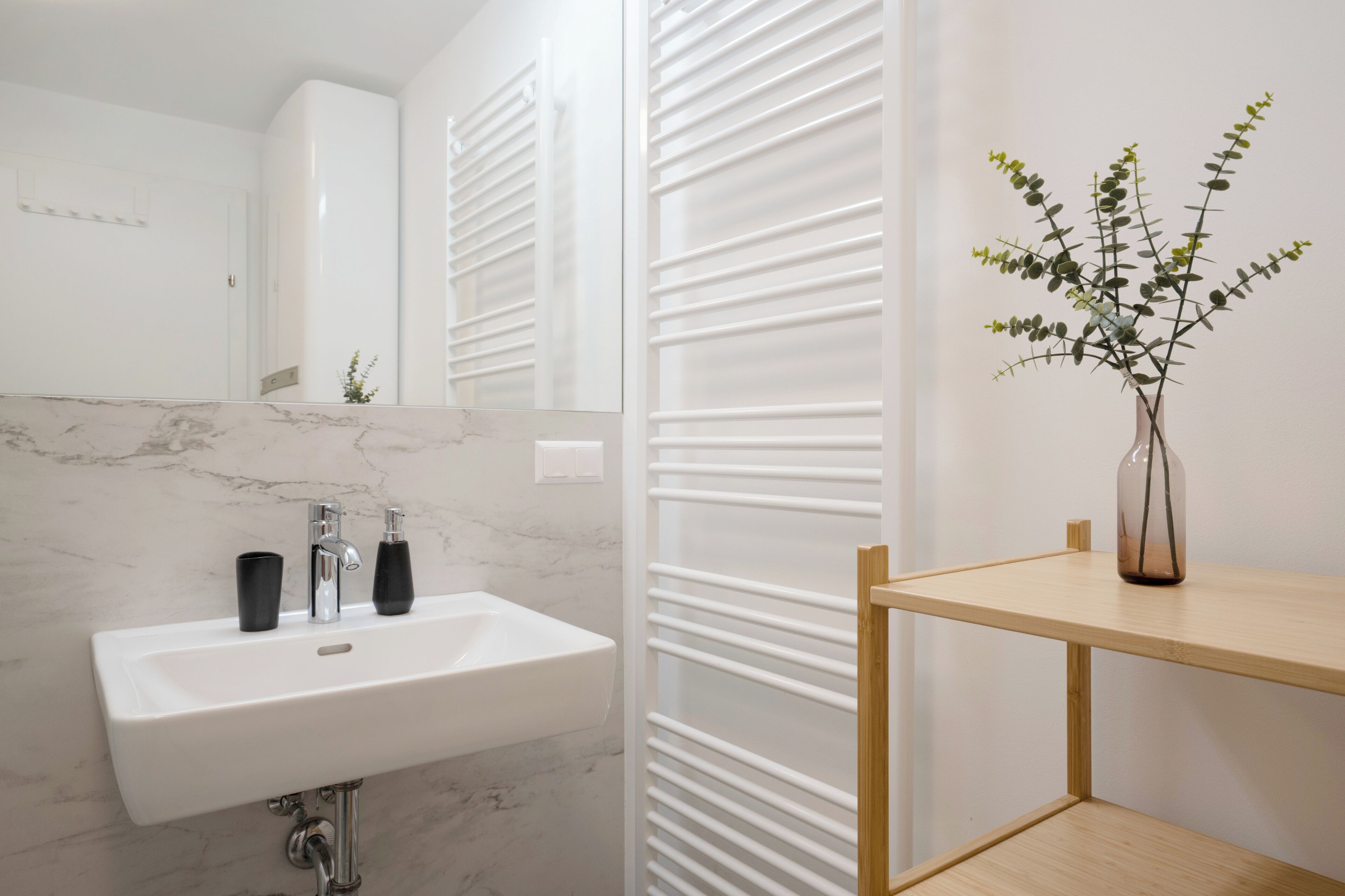 A bathroom with a white sink, two black bottles, a mirror, and a wooden shelf with a vase of green plants.