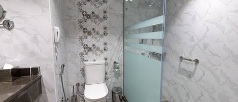 A modern bathroom with a glass shower enclosure, a toilet, and a trash can.