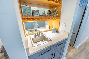 Fridge, microwave, coffee/tea maker, toaster