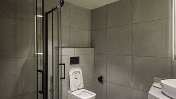 A modern bathroom with a glass shower enclosure, a toilet, and a sink.