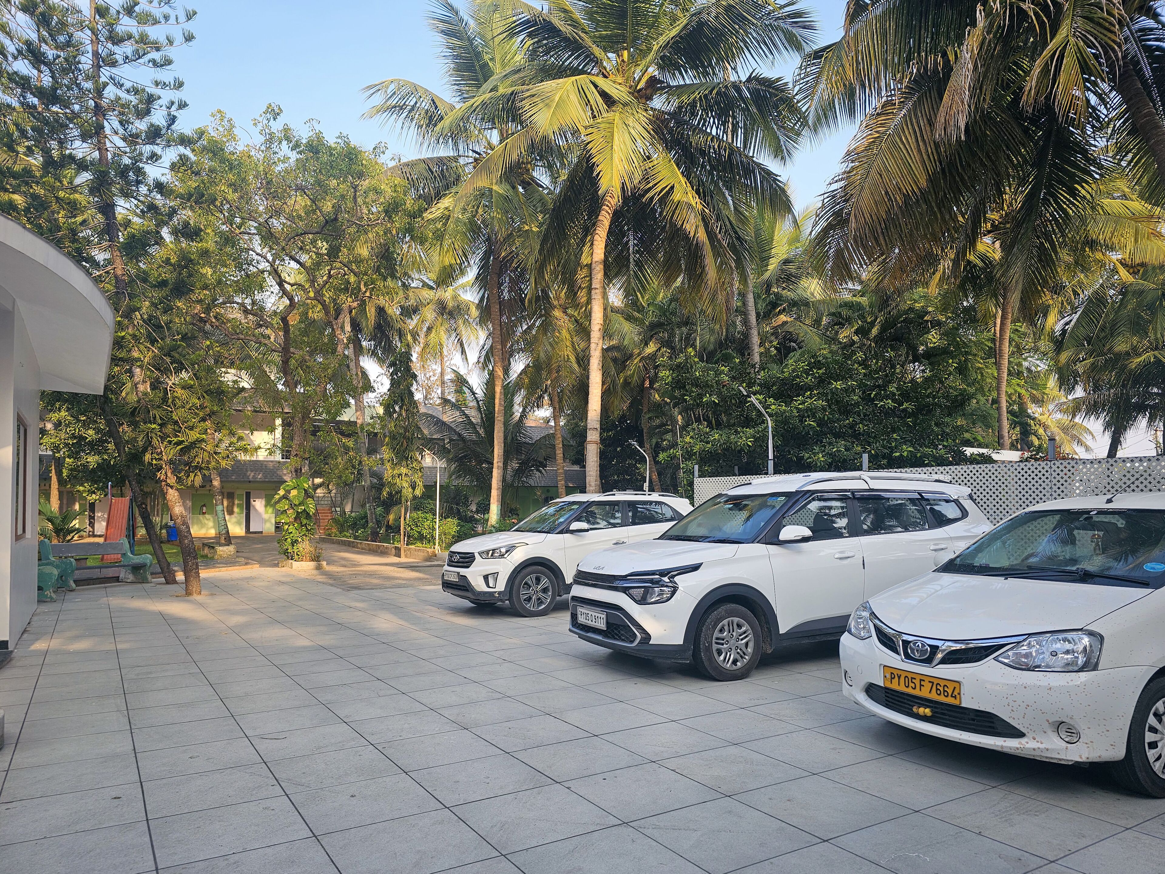 A parking area with white cars, surrounded by palm trees and a building with a tiled floor.