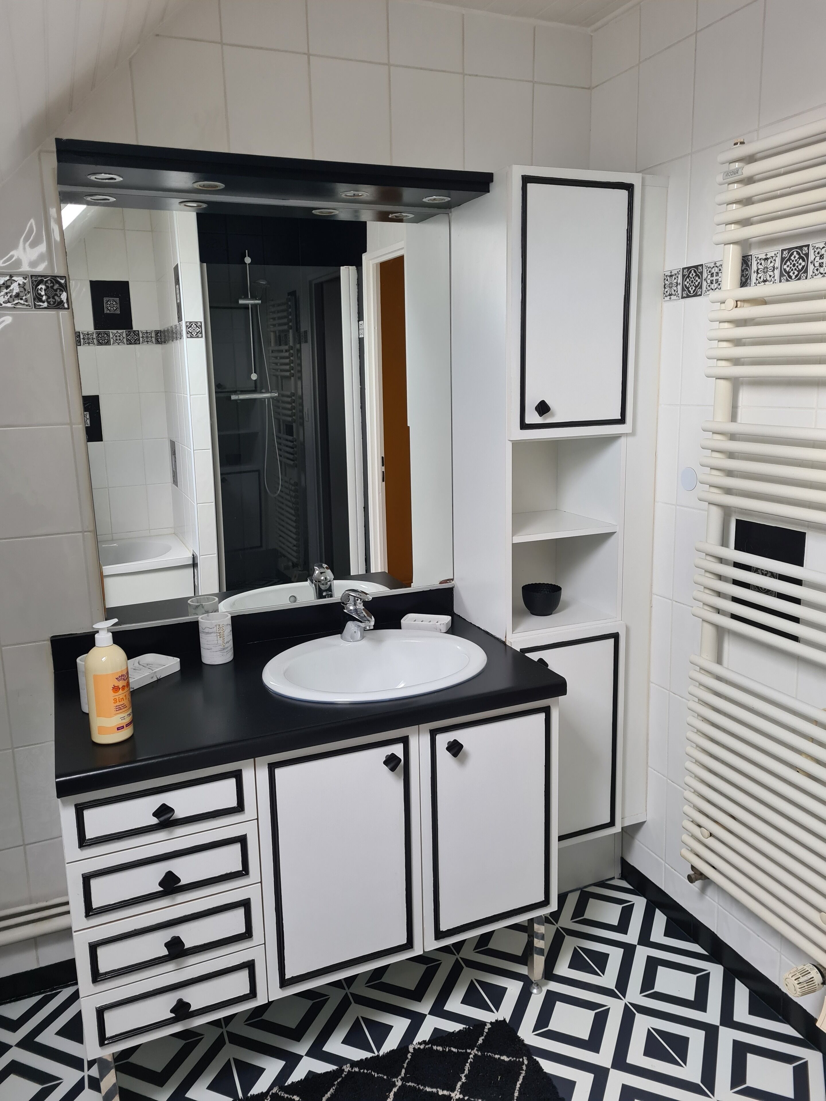 Hair dryer, towels, soap