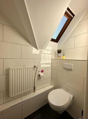 Hair dryer, towels, soap, shampoo