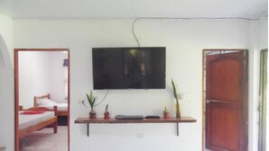 Une pièce avec un lit, un téléviseur fixé au mur, une étagère avec des plantes et une porte.