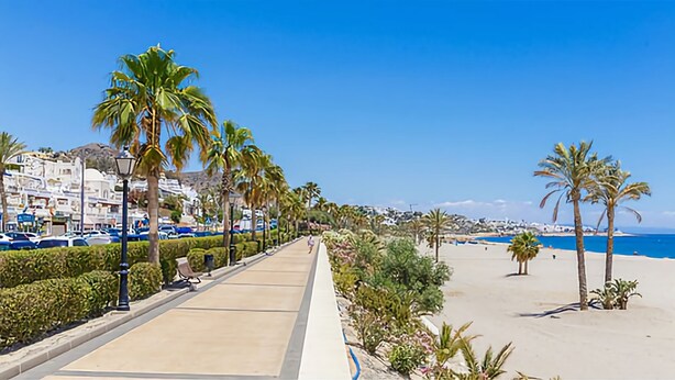 A coastal promenade with a sidewalk, palm trees, and a beach. - Heart of Mojacar Playa with Beautiful " see view " and Sunshine (Ventanicas-el Cantal)