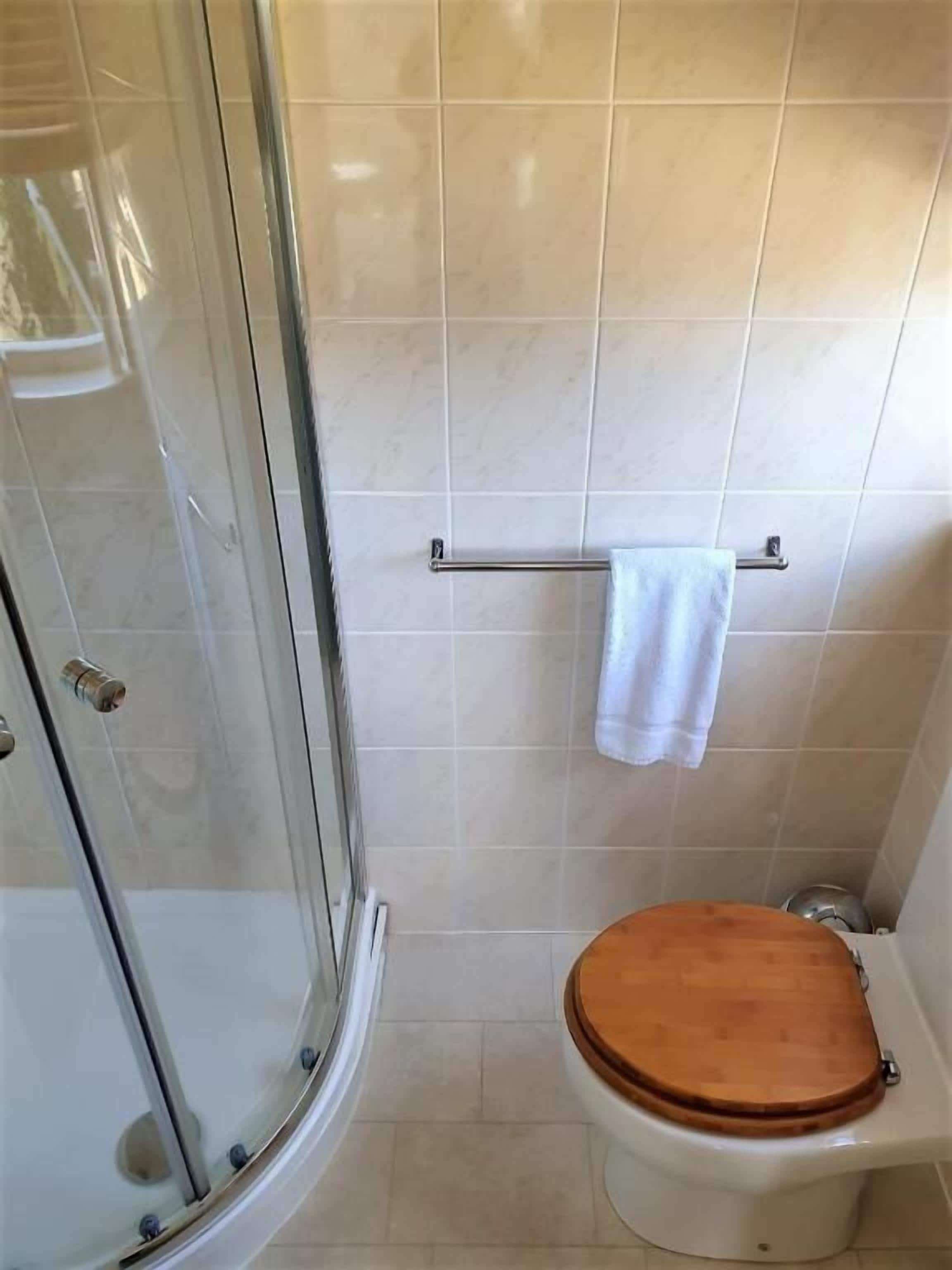 A bathroom with a glass shower enclosure, a toilet with a wooden seat, and a towel rack with a white towel.