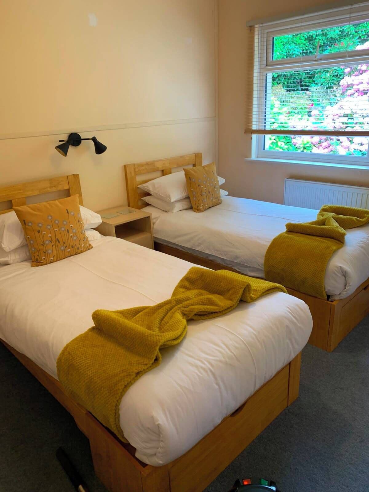 A hotel room with two single beds, a nightstand, a lamp, and a window with a view of greenery.