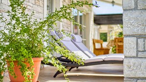 Une plante en pot sur un balcon, avec un fauteuil de relaxation et un mur en pierre.