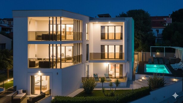 A modern two-story house with a swimming pool, outdoor seating, and a well-lit interior.