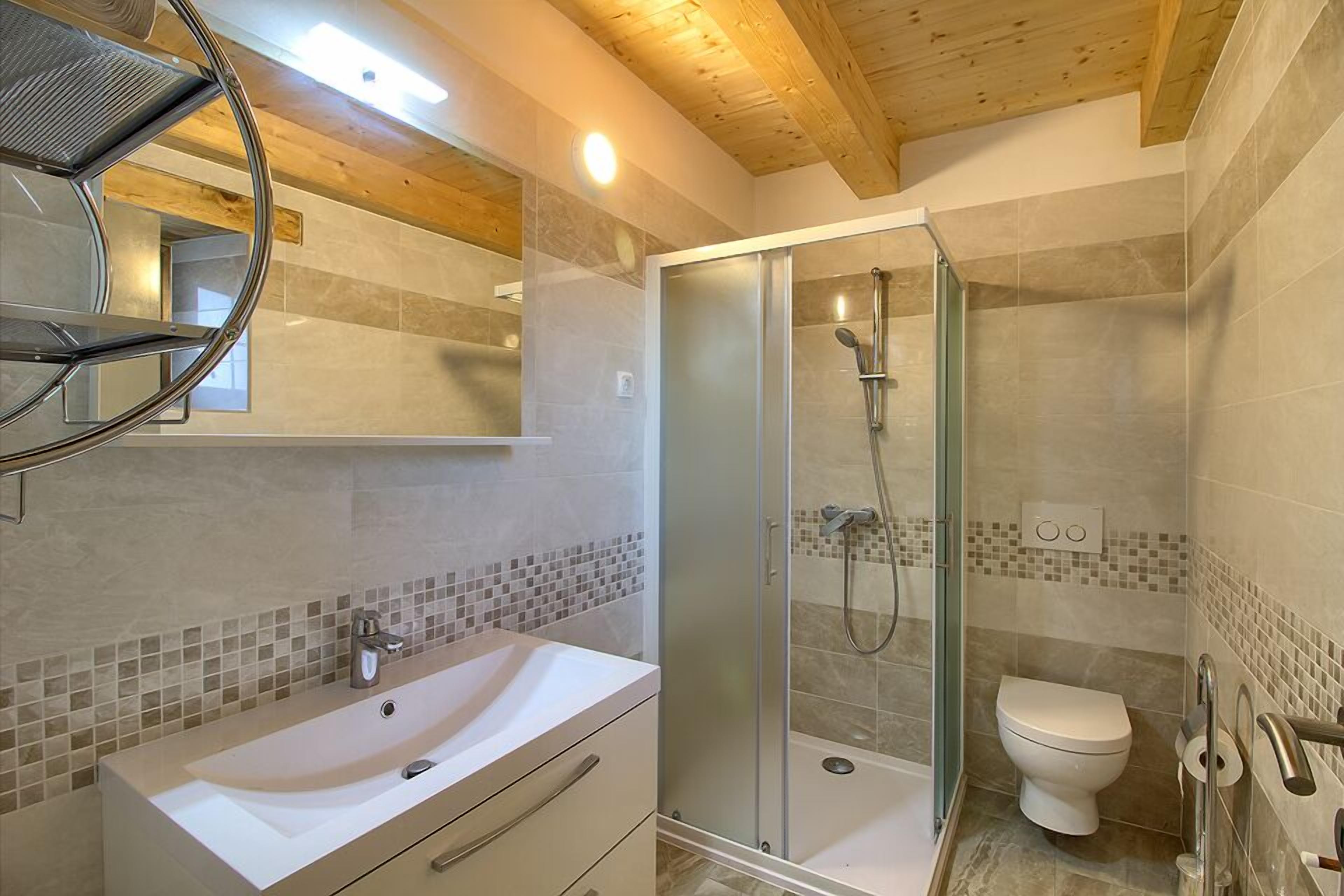 Ein modernes Badezimmer mit einer Duschkabine, einem weißen Waschbecken mit Spiegel und einer Toilette.