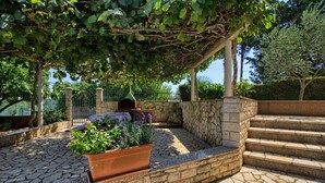 En stenbelagd uteplats med en pergola, trappsteg och en krukväxt.