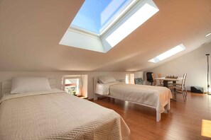 Cozy retreat with two single beds, a desk area, and natural light pouring in through skylights.