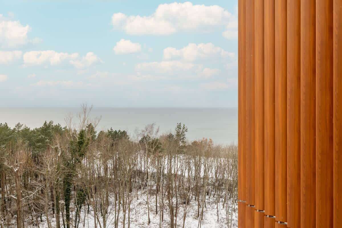 Ein Blick auf eine verschneite Landschaft mit einem Gewässer in der Ferne und einer Holzhütte auf der rechten Seite.