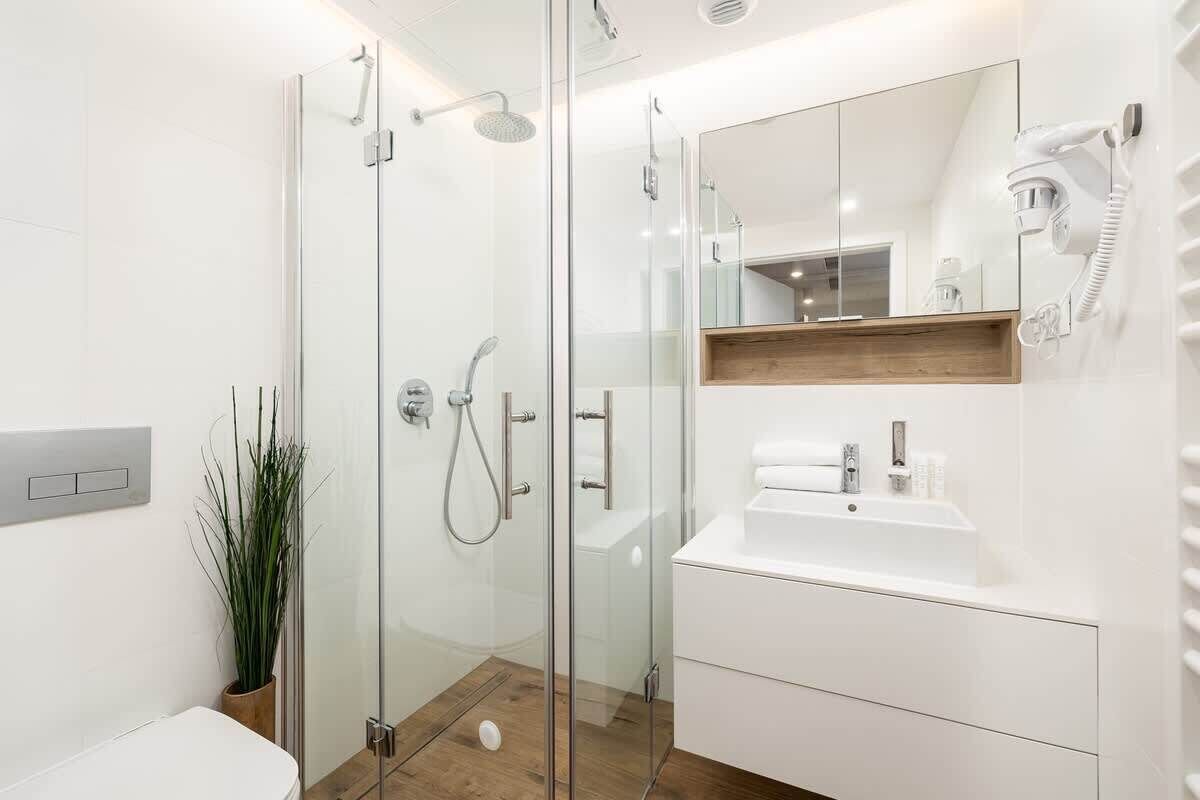 Shower, hair dryer, towels