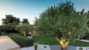 Un giardino curato con un prato ben tenuto, diversi arbusti e un grande albero con un faro alla base.